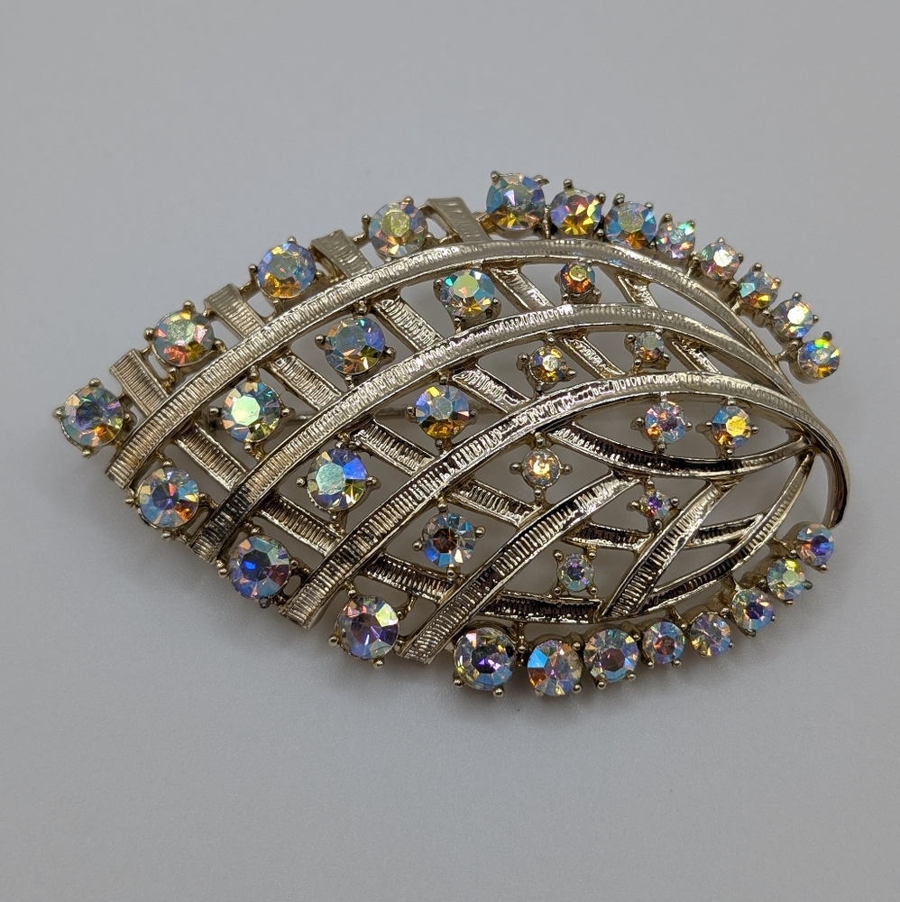 Vintage Coro Craft Aurora Borealis Rhinestone Leaf Brooch